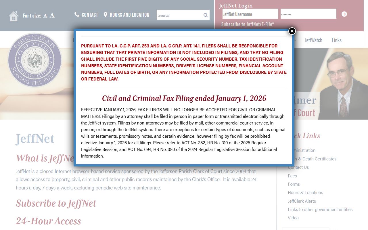 JeffNet login portal for Jefferson Parish civil court records including Metairie cases