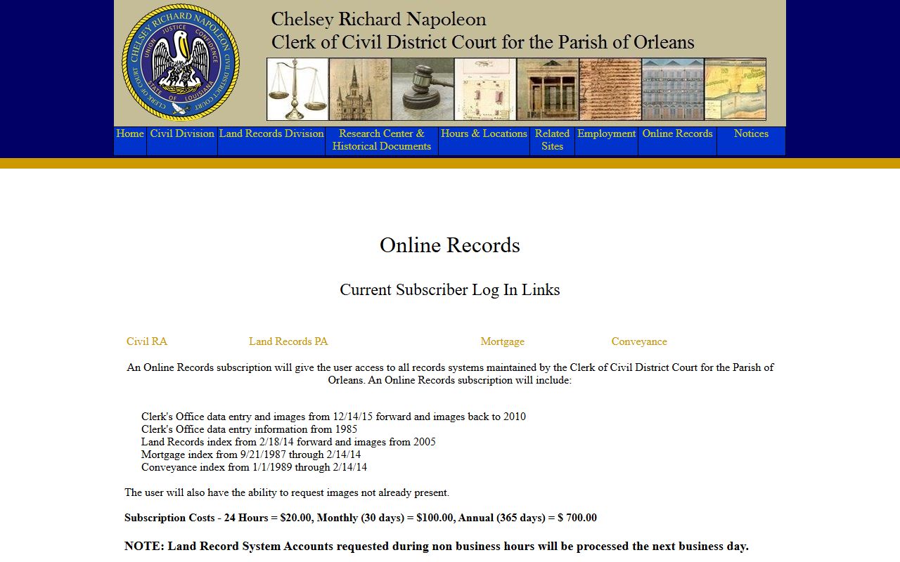 Orleans Parish Civil Clerk online records portal for searching New Orleans civil court records
