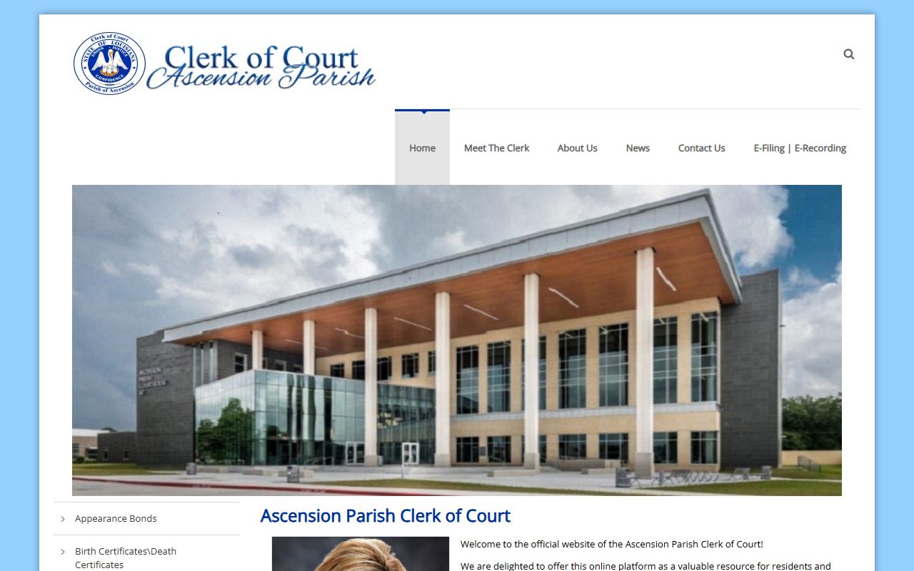 Ascension Parish Clerk of Court website showing civil court records and services