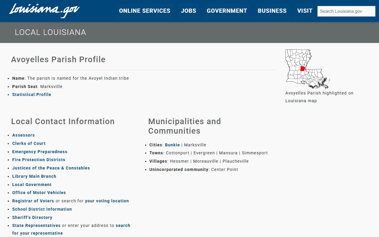 Avoyelles Parish Clerk of Court services page for civil court records access
