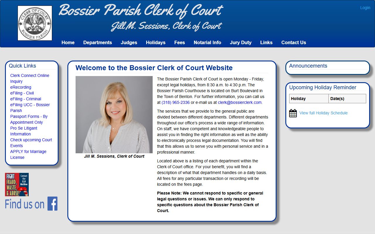 Bossier Parish Clerk of Court official website for civil court records