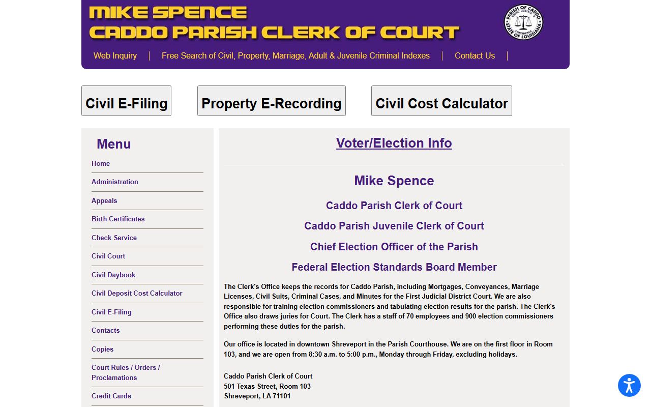 Caddo Parish Clerk of Court official website for civil court records in Shreveport