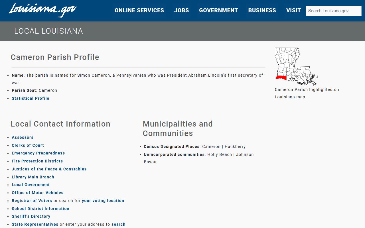 Cameron Parish Clerk of Court services page with civil records information