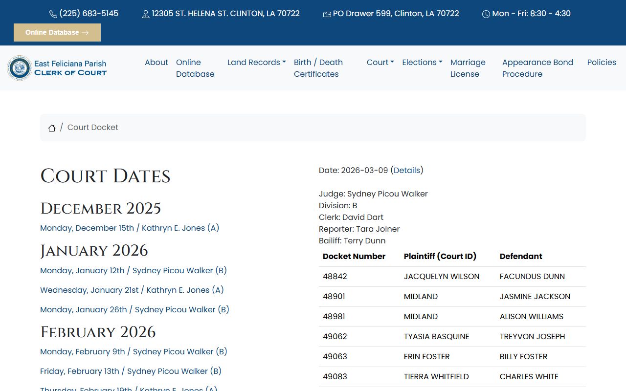 East Feliciana Parish court page showing civil case filing and docket information