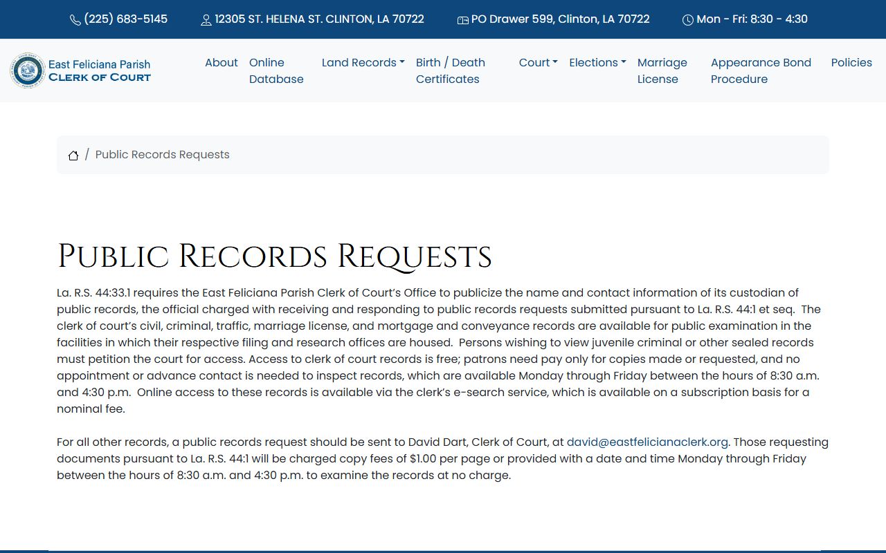 East Feliciana Parish civil records search portal showing available record types