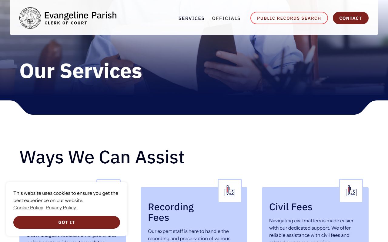 Evangeline Parish Clerk of Court official website showing civil court services and record access