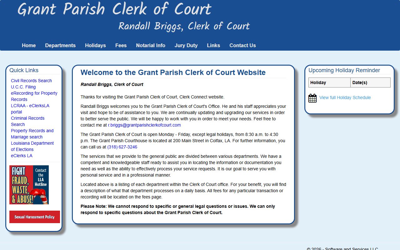 Grant Parish Clerk of Court website showing civil court records search portal