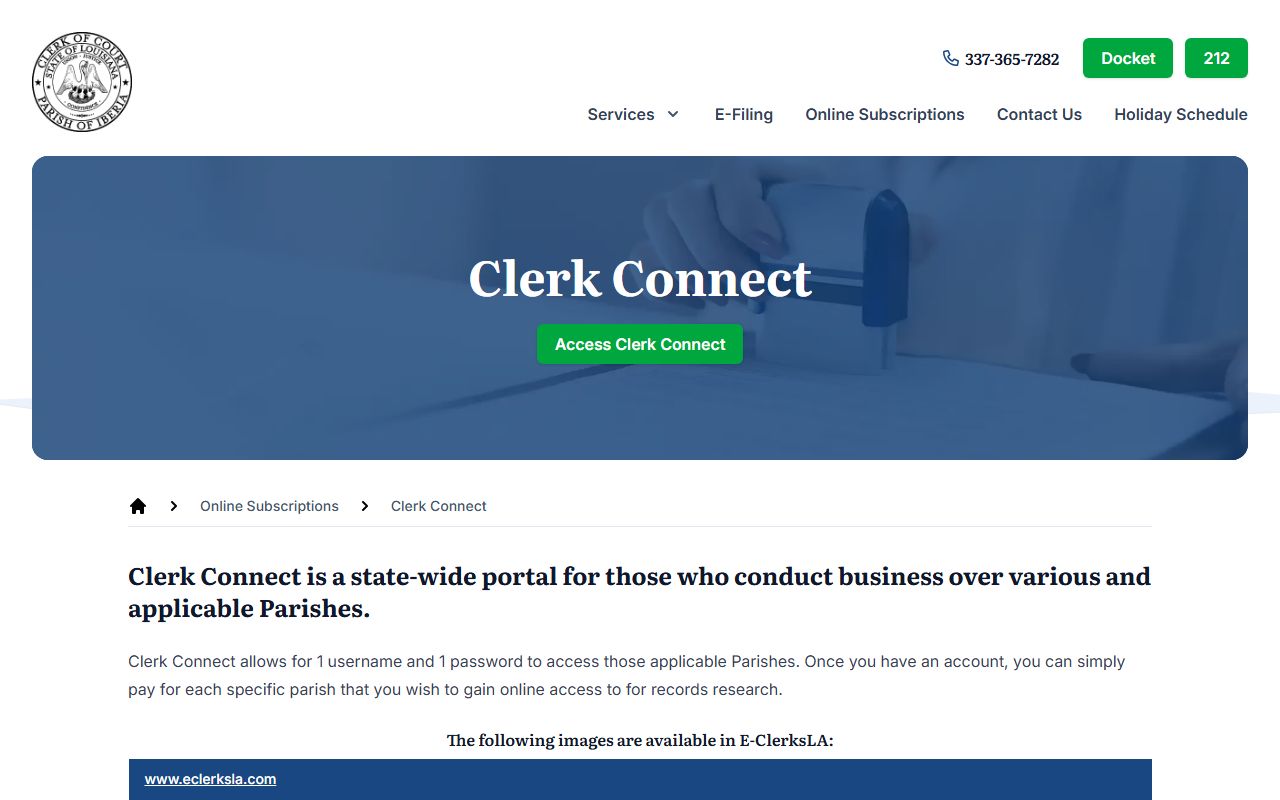 Iberia Parish online civil records portal showing search access options