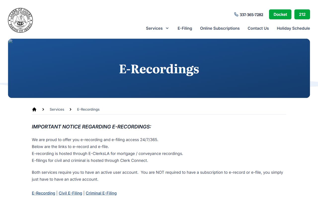 Iberia Parish Clerk of Court services page showing civil court record access