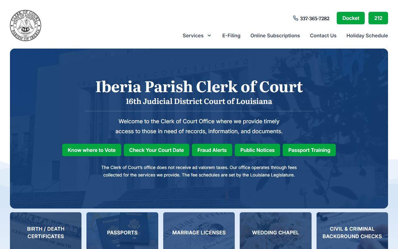 New Iberia civil court records page showing Iberia Parish courthouse information