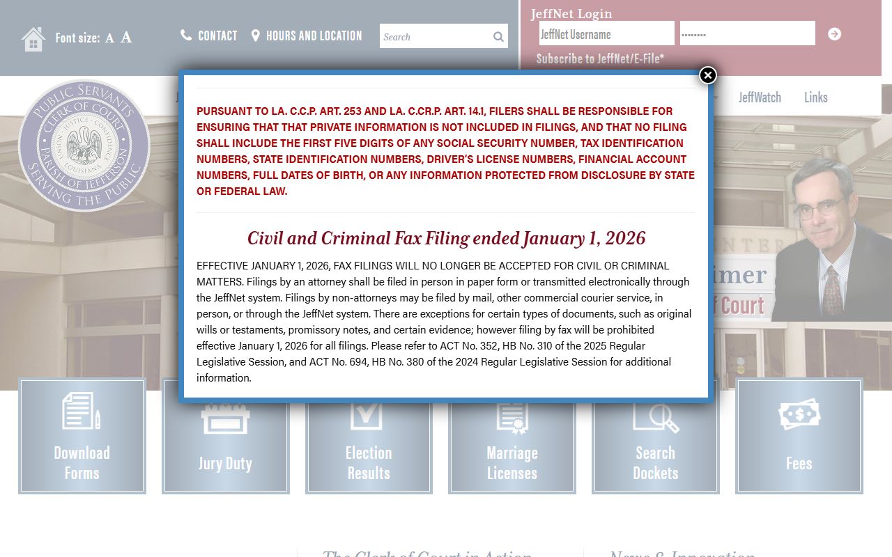 Jefferson Parish civil court case page showing record search capabilities