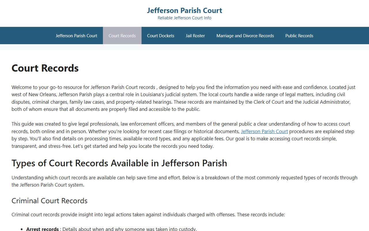 Jefferson Parish records search page showing online access and copy fee options
