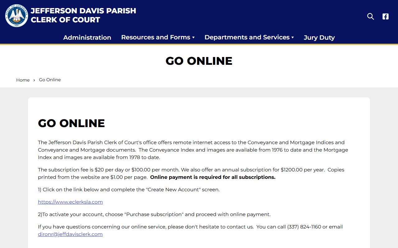 Jefferson Davis Parish online civil court records portal showing search interface