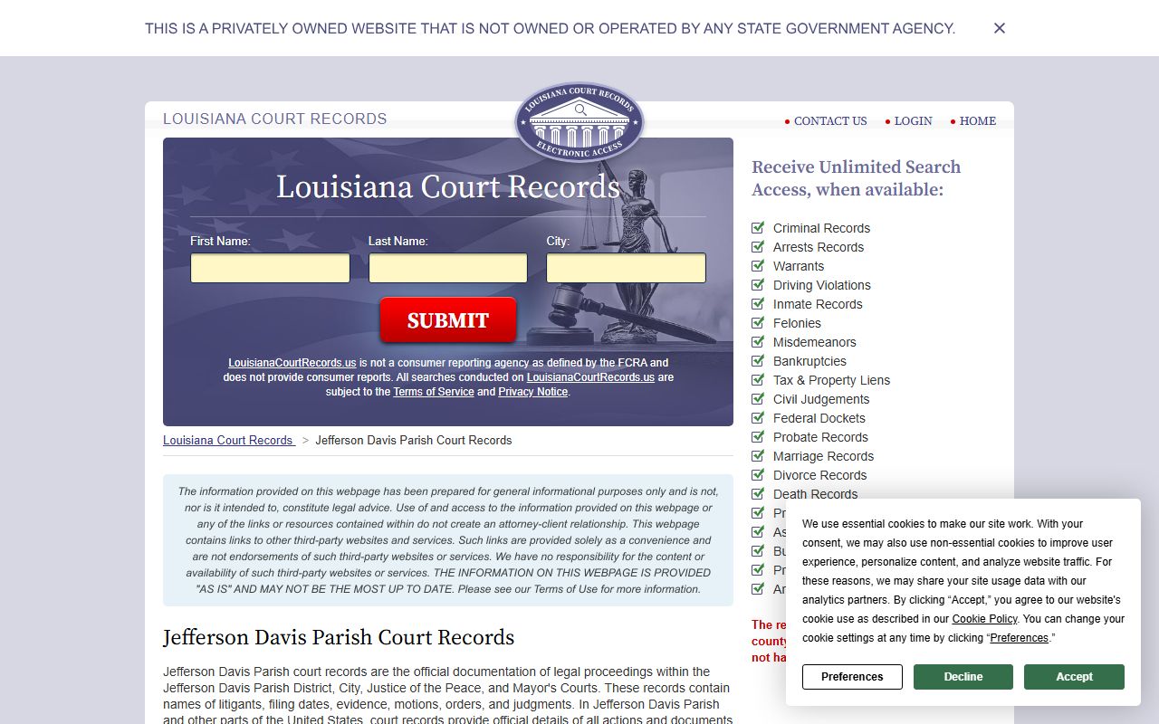 Jefferson Davis Parish civil records search results showing case index data