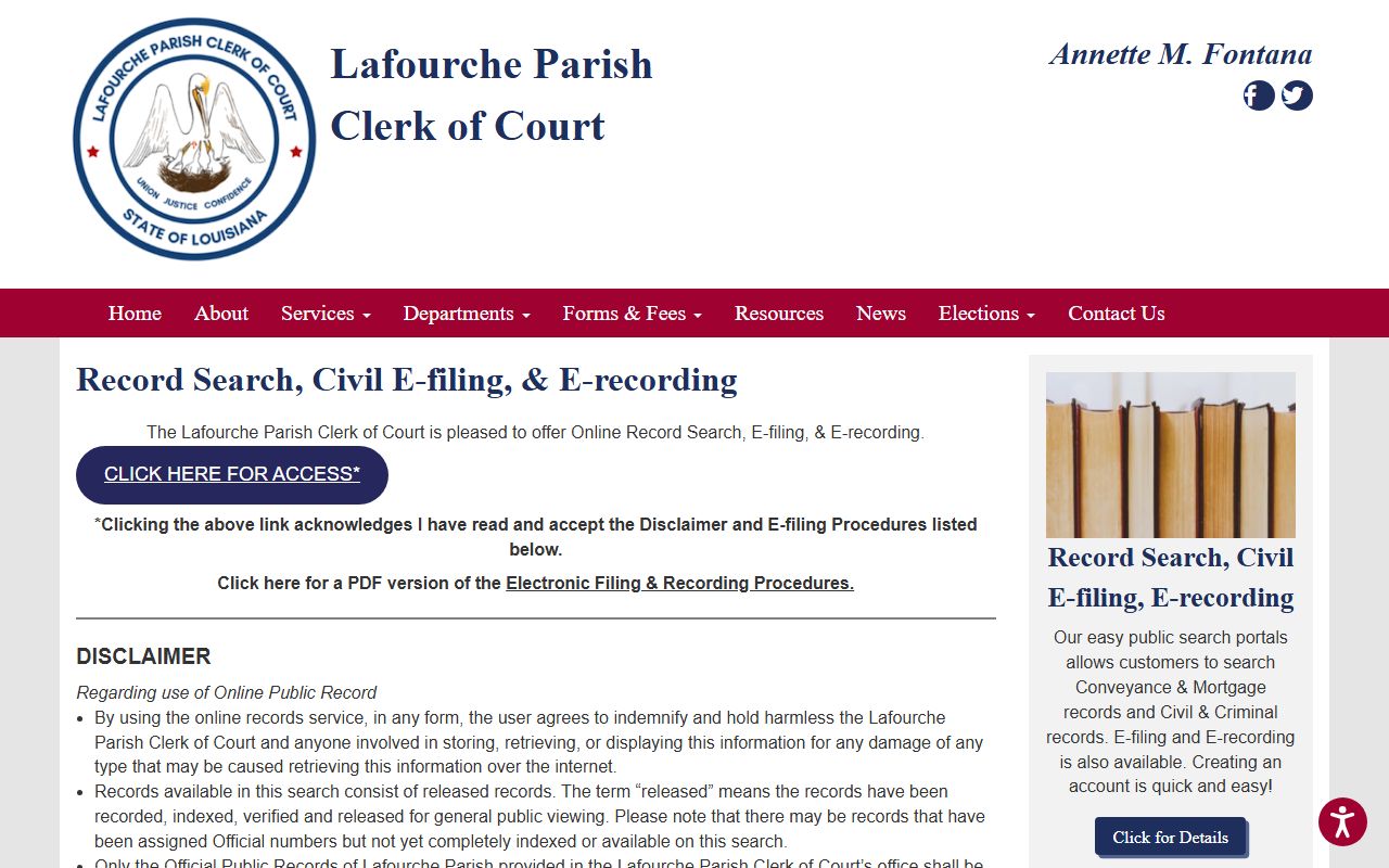 Lafourche Parish civil records available through the clerk's online portal