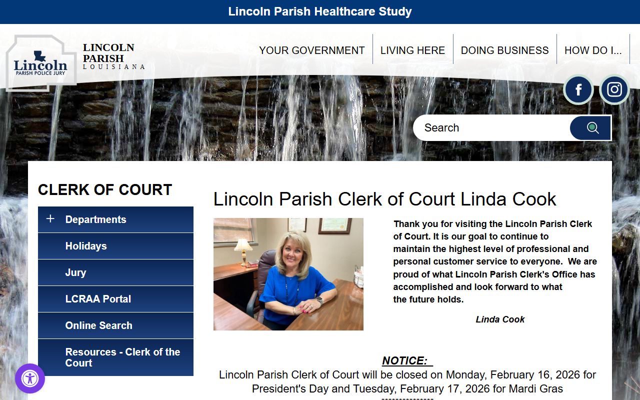 Lincoln Parish clerk court page with case information and access options