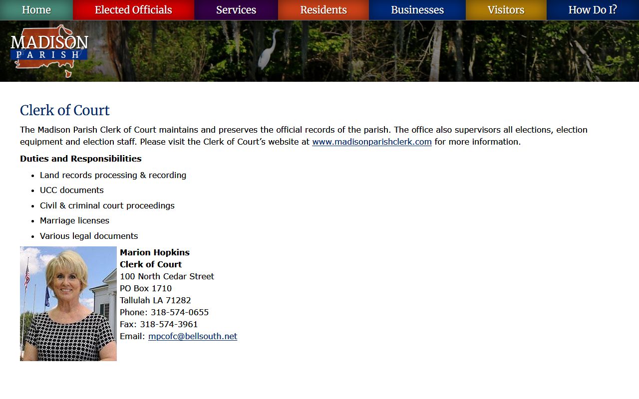 Madison Parish Clerk of Court page with civil court record information