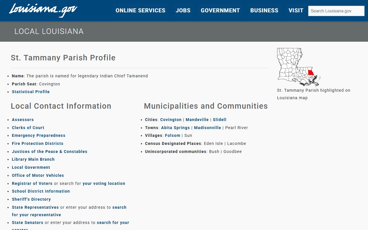 St. Tammany Parish Clerk of Court website showing civil records and online access information