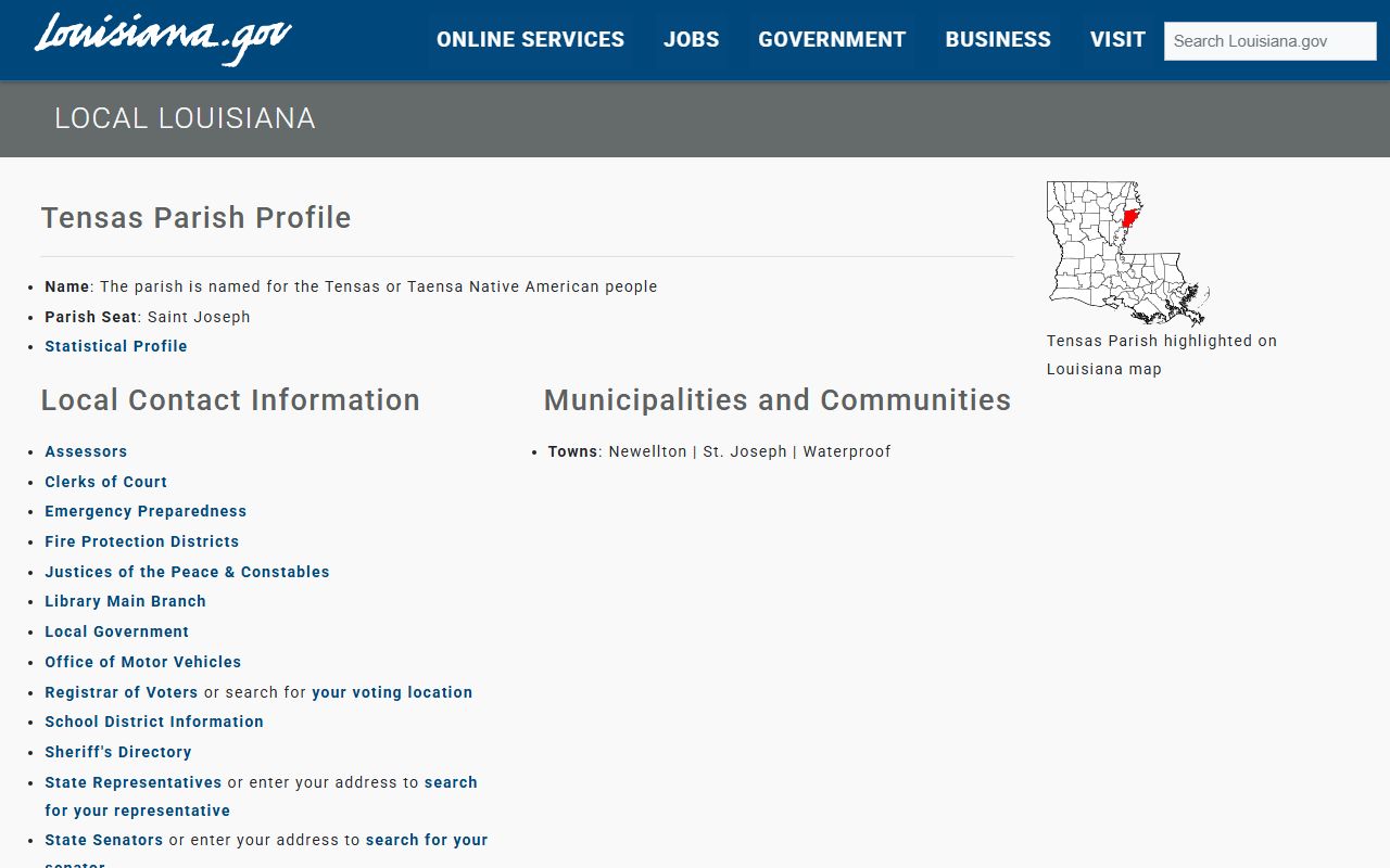 Tensas Parish Clerk of Court website page showing records access and contact information