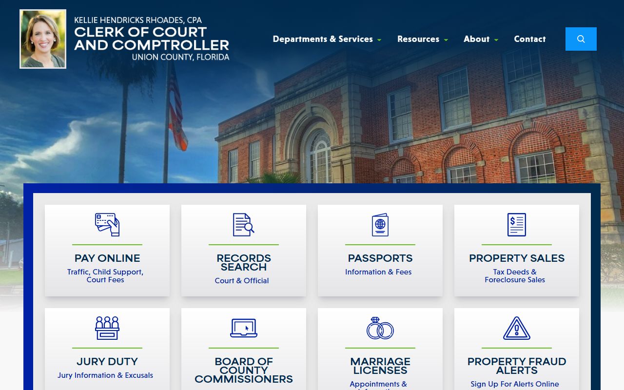Union Parish Clerk of Court homepage showing eSearch, eFiling, and eRecording services