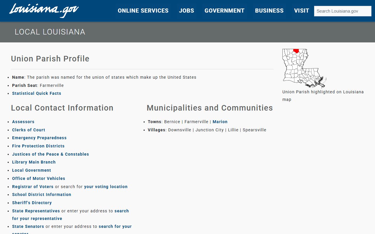 Union Parish Clerk of Court services page showing available record types and access options