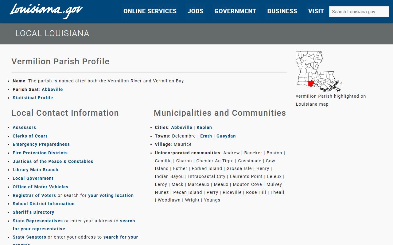 Vermilion Parish Clerk of Court website homepage showing civil records access options