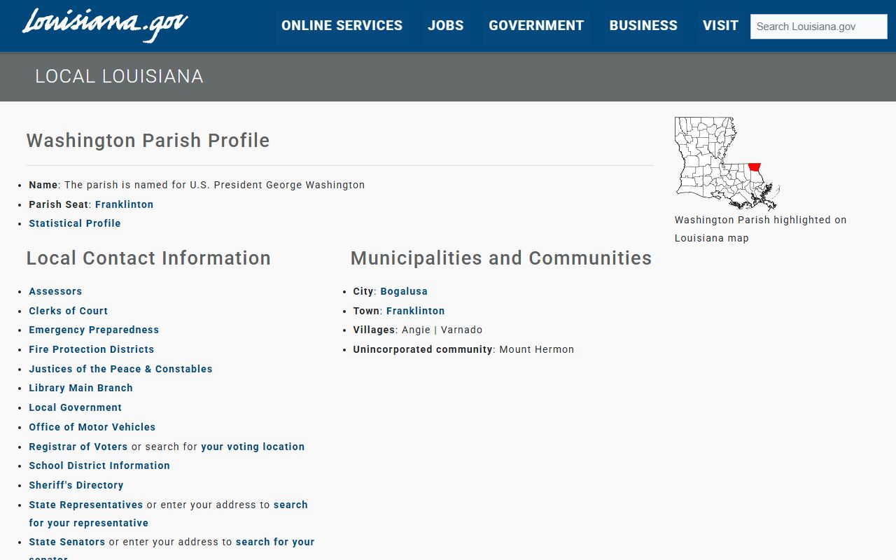 Washington Parish Clerk of Court civil records information page