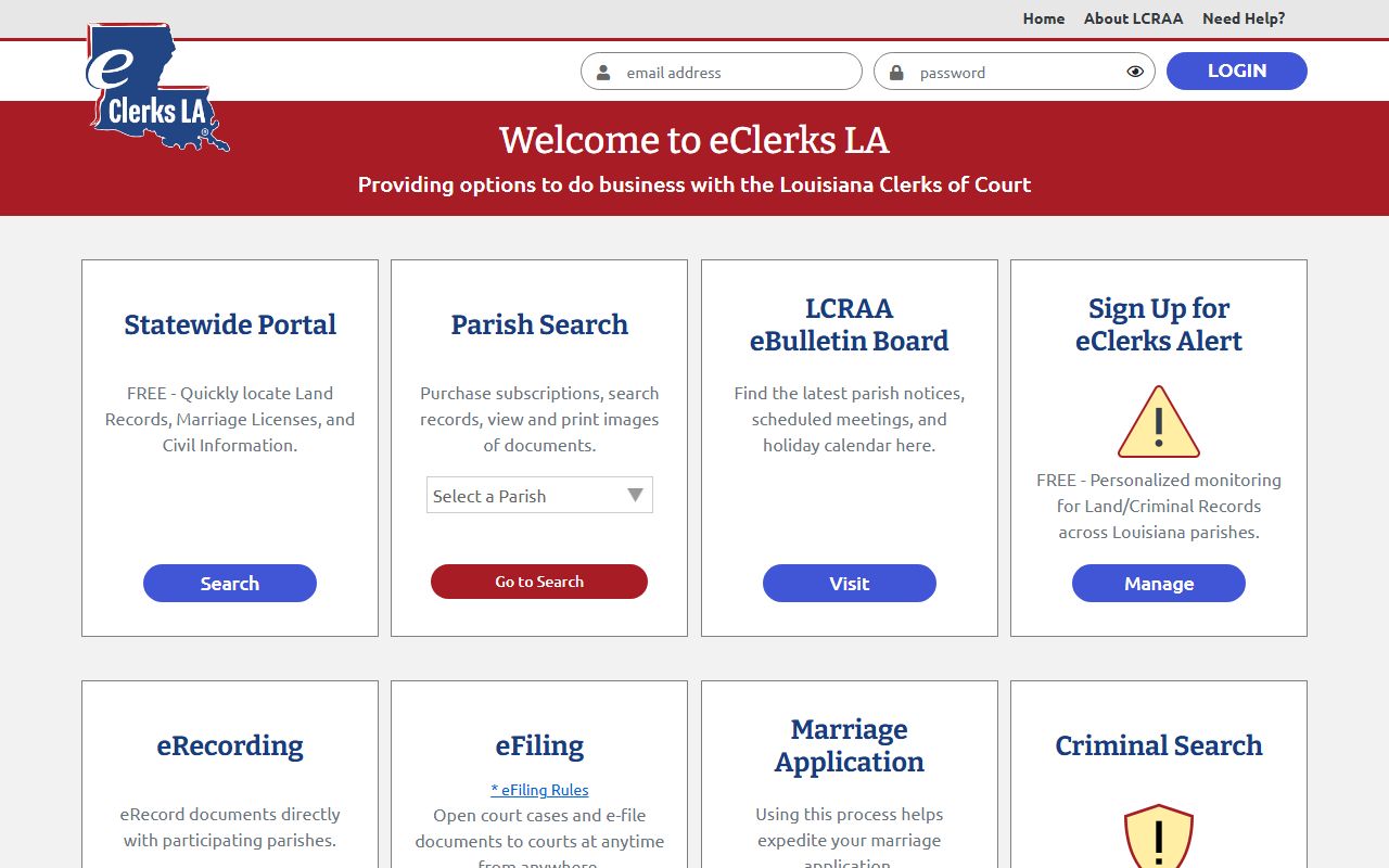 eClerks LA statewide portal showing West Carroll Parish civil court record index search