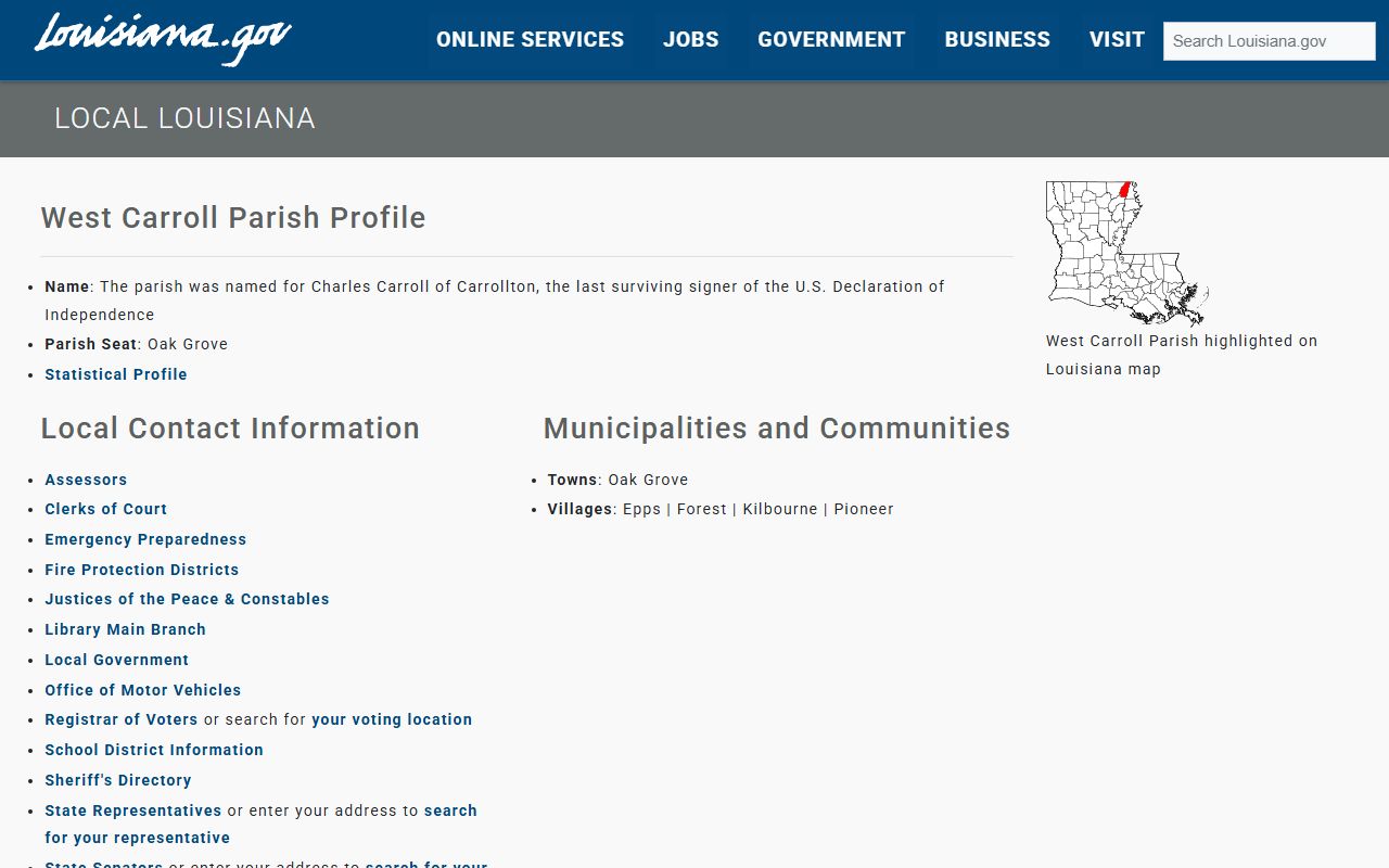 West Carroll Parish Clerk of Court website showing civil records access and office information