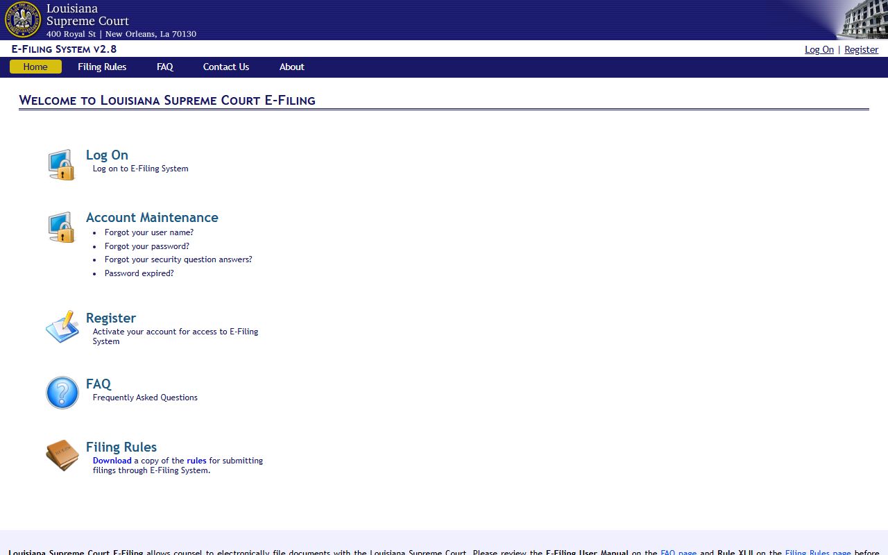 Louisiana Supreme Court e-filing portal for civil court filings