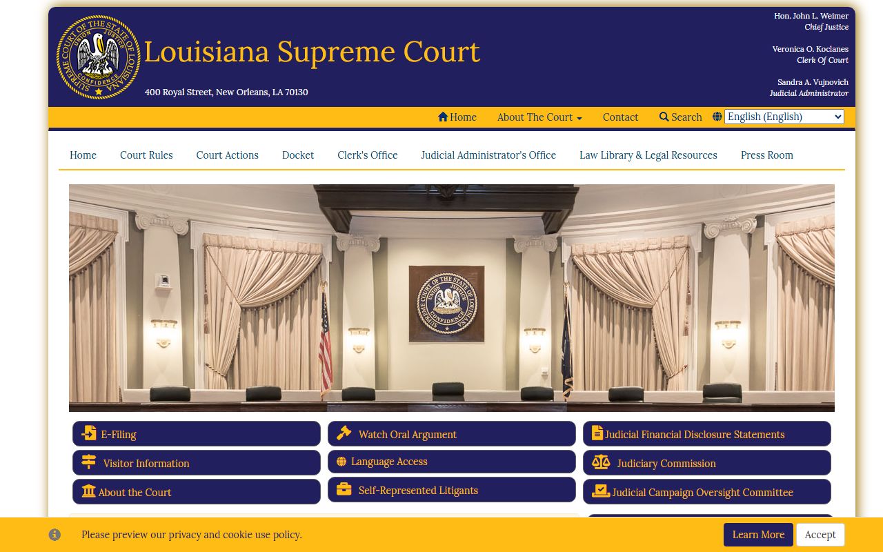 Louisiana Supreme Court website showing civil court records access options